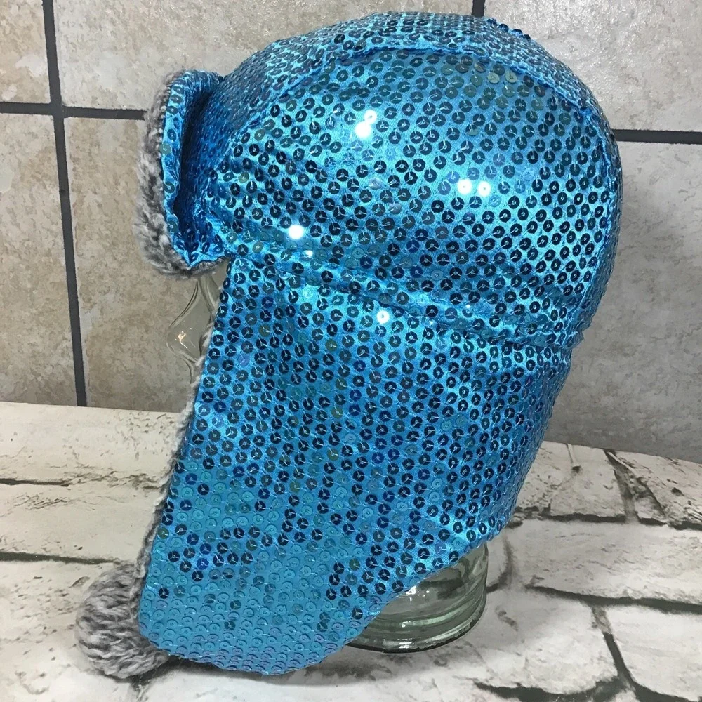 Blue Sequined Trapper‎ Cap Girls OSFM Youth 6-16Yrs Hat Warm Winter